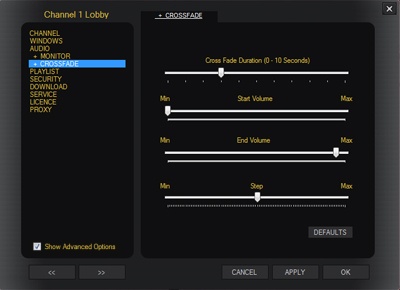Audio Cross fade Options Screen
